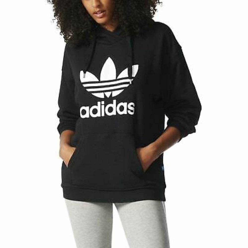 Adidas Black White Trefoil Graphic Pullover Hooded Sweatshirt XS